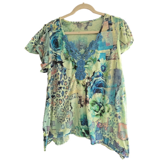 One World Preppy y2k Rose Cheetah Print Flutter Short Sleeve Top Sequin Woman 2x - Picture 1 of 3